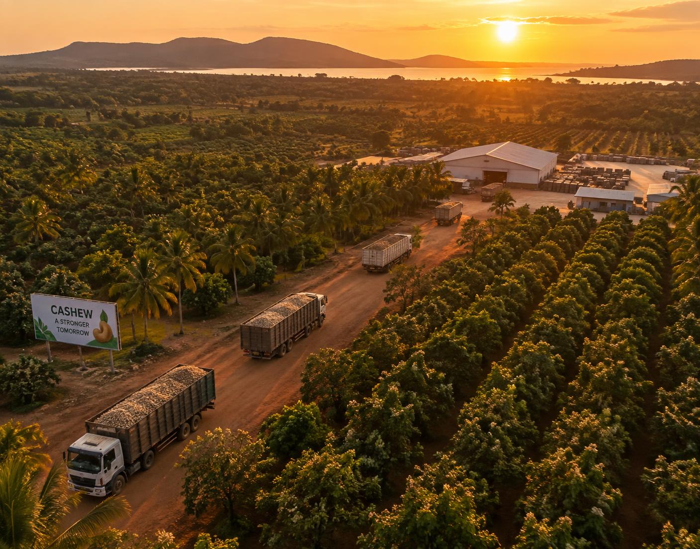 Cashew plantation at sunset with trucks carrying harvested crop