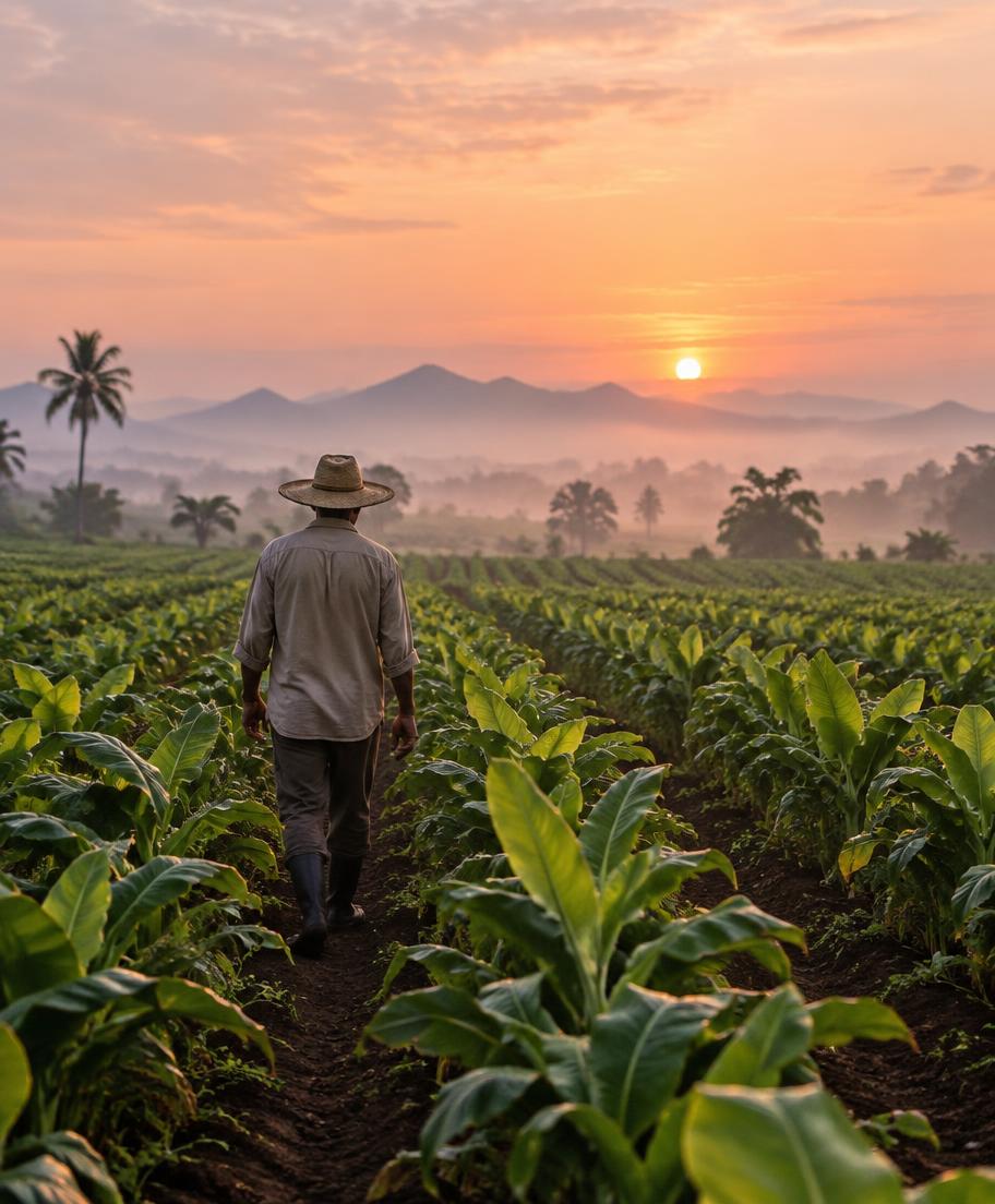 Farmer walking through crop rows at sunrise