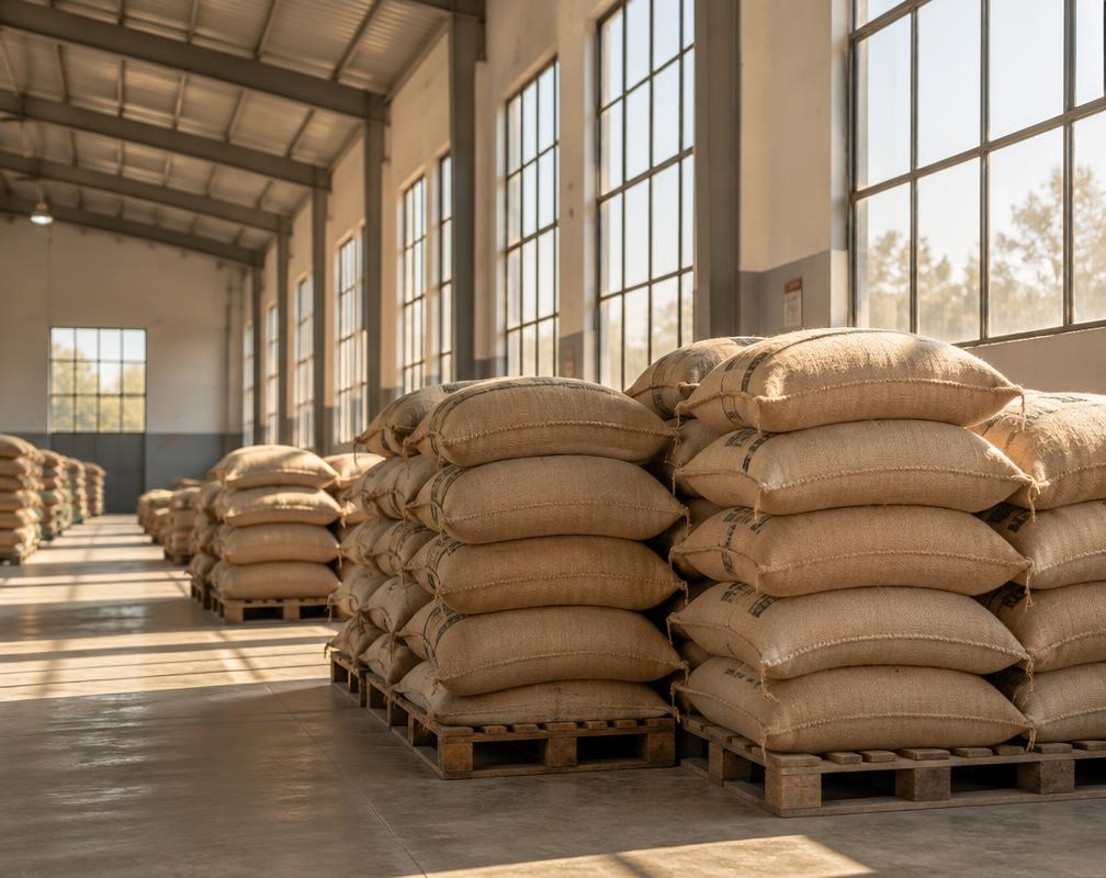 Jute sacks of commodities stacked in a warehouse